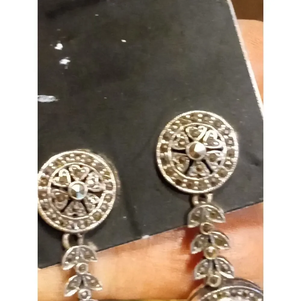 925 Silver - Vintage Victorian Amethyst & Marcasite Dangle Earrings